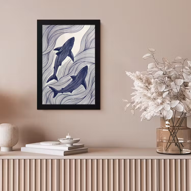 Vis - Oceaan - Lijntekening - Blauw - Dieren fotolijst zwart zonder passe partout klein -sfeer5