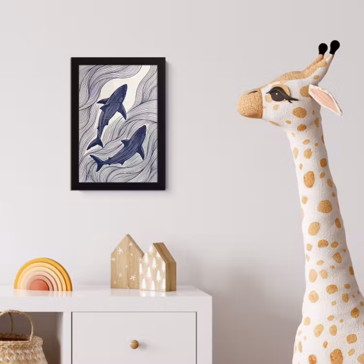 Vis - Oceaan - Lijntekening - Blauw - Dieren fotolijst zwart zonder passe partout klein -usfeer4_kinderkamer