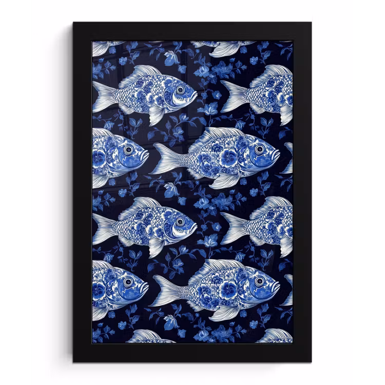 Vissen - Bloemen - Blauw fotolijst zwart zonder passe partout klein 224 -3d