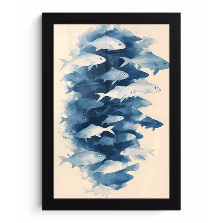 Vissen - Minimalistisch - Blauw fotolijst zwart zonder passe partout klein -3d