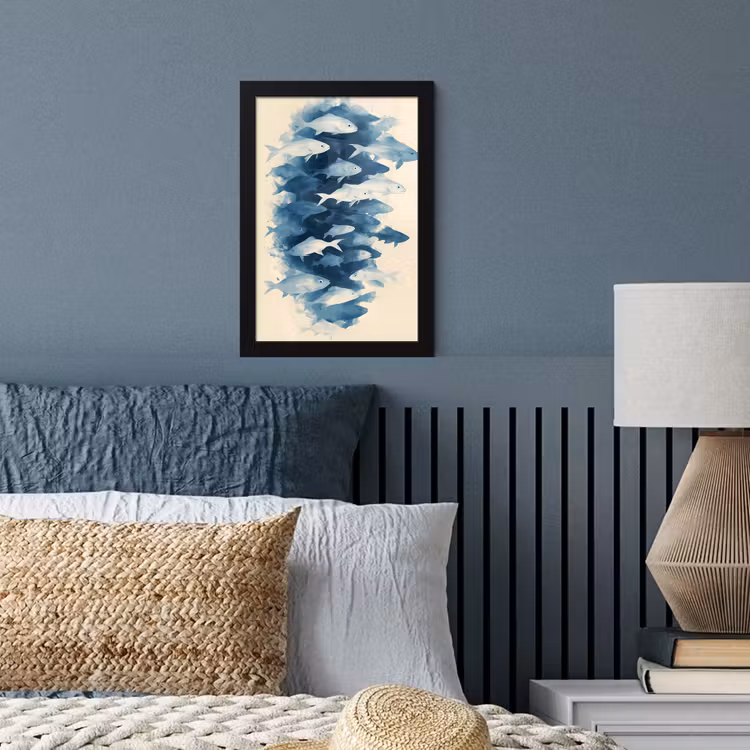 Vissen - Minimalistisch - Blauw fotolijst zwart zonder passe partout klein -sfeer3