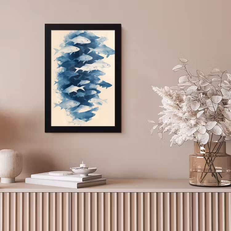 Vissen - Minimalistisch - Blauw fotolijst zwart zonder passe partout klein -sfeer5