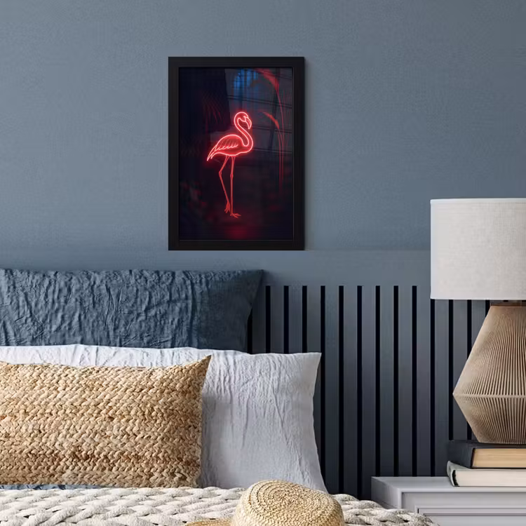 Flamingo - Roze - Neon - Licht fotolijst zwart zonder passe partout klein -sfeer3