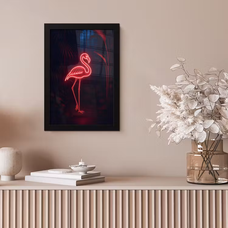 Flamingo - Roze - Neon - Licht fotolijst zwart zonder passe partout klein -sfeer5