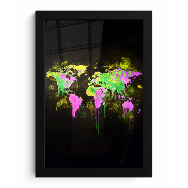 Fluorescerend - Wereldkaart - Druipen - Verf fotolijst zwart zonder passe partout klein -3d