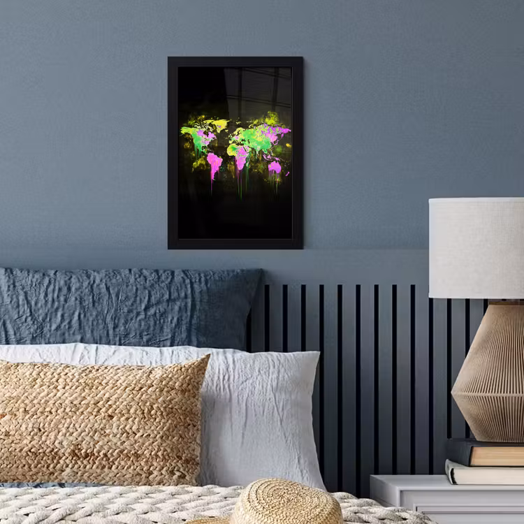 Fluorescerend - Wereldkaart - Druipen - Verf fotolijst zwart zonder passe partout klein -sfeer3