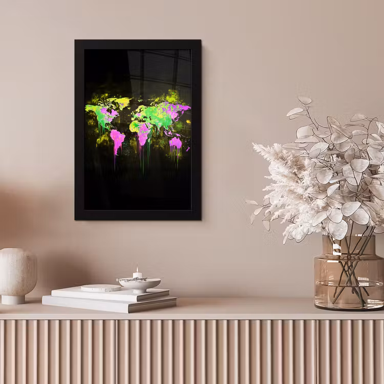 Fluorescerend - Wereldkaart - Druipen - Verf fotolijst zwart zonder passe partout klein -sfeer5