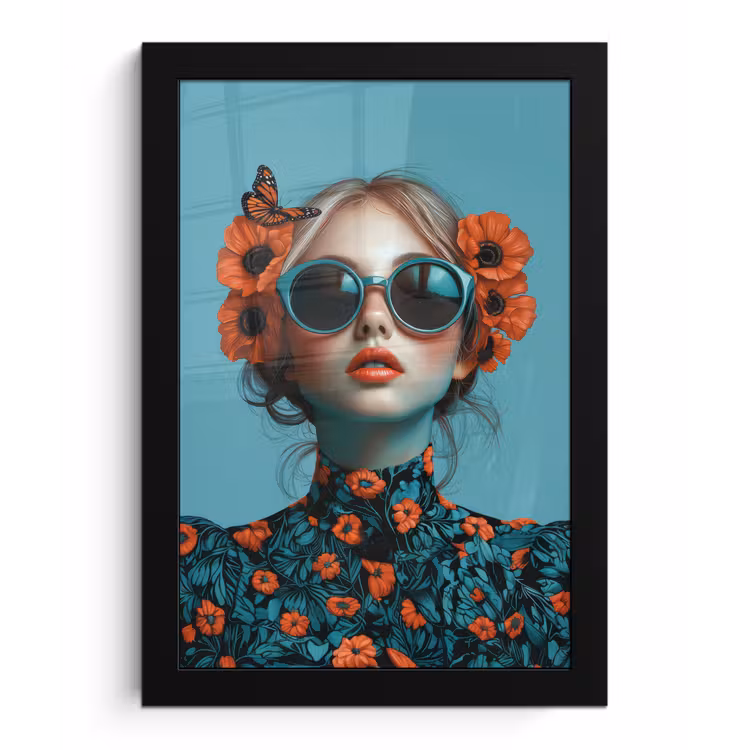 Vrouw - Blauw - Vlinder - Bloemen - Aesthetic fotolijst zwart zonder passe partout klein -3d