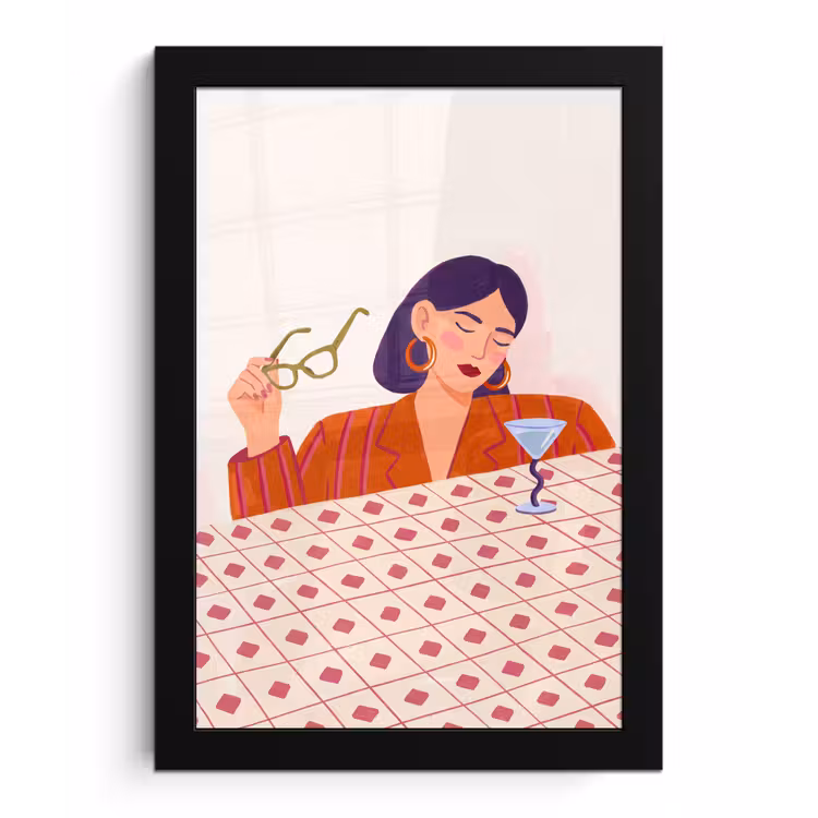 Vrouw - Bril - Cocktail - Illustratie - Modern fotolijst zwart zonder passe partout klein -3d