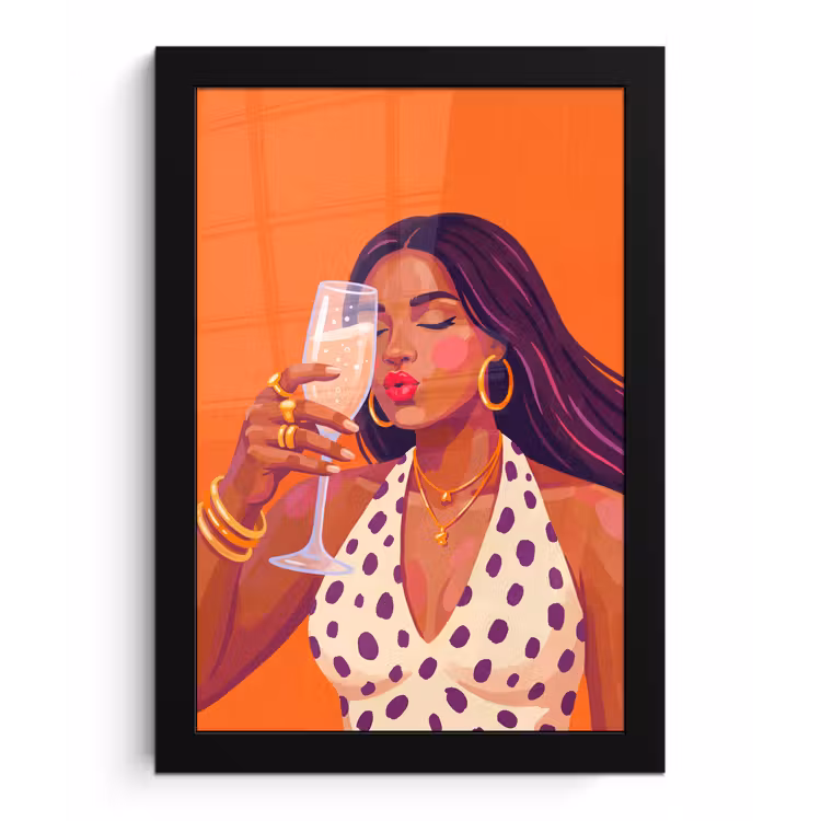 Vrouw - Champagne - Feest - Modern - Oranje fotolijst zwart zonder passe partout klein -3d