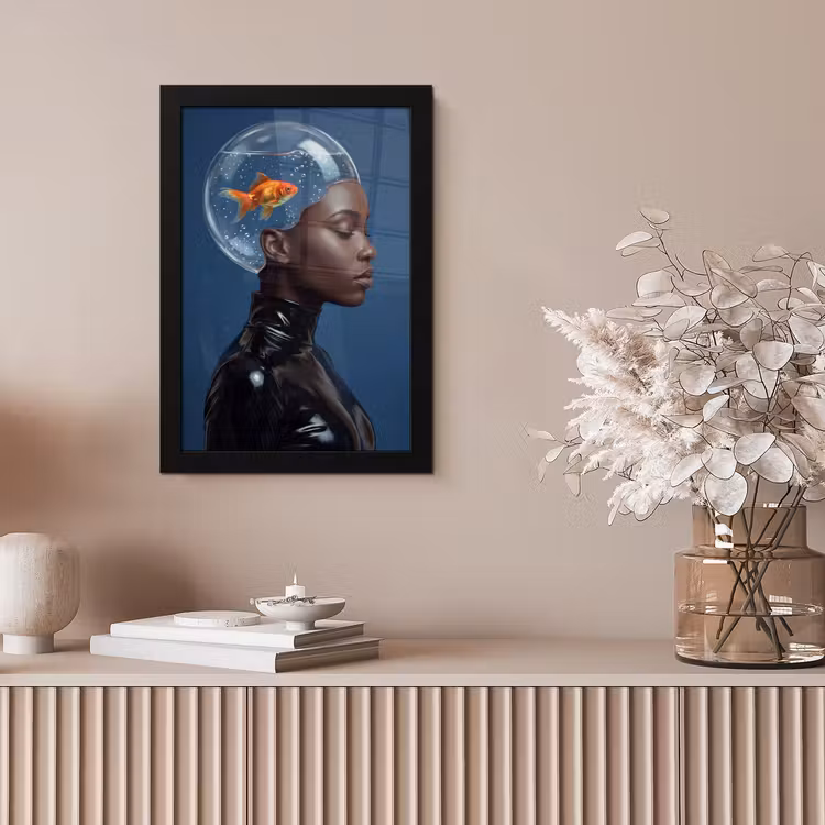 Vrouw - Goudvis - Hoofd - Abstract - Blauw fotolijst zwart zonder passe partout klein -sfeer5