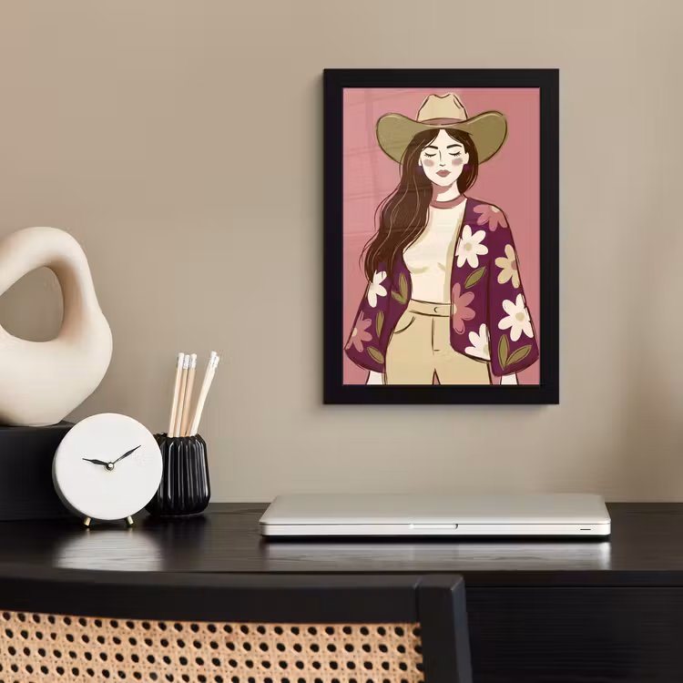 Vrouw - Hoed - Portret - Illustratie - Roze fotolijst zwart zonder passe partout klein -sfeer1