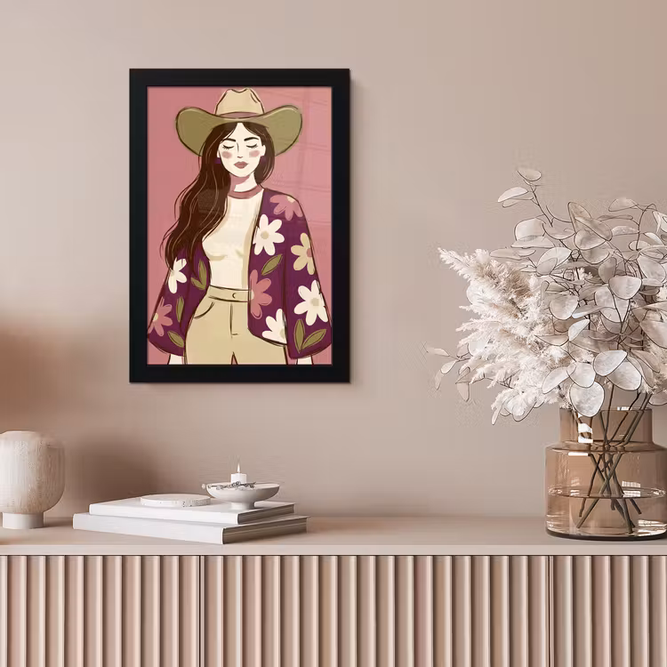 Vrouw - Hoed - Portret - Illustratie - Roze fotolijst zwart zonder passe partout klein -sfeer5