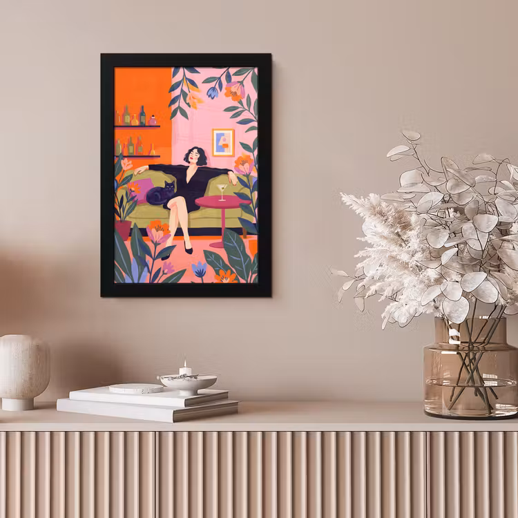 Vrouw - Kat - Interieur - Modern - Kleurrijk fotolijst zwart zonder passe partout klein -sfeer5