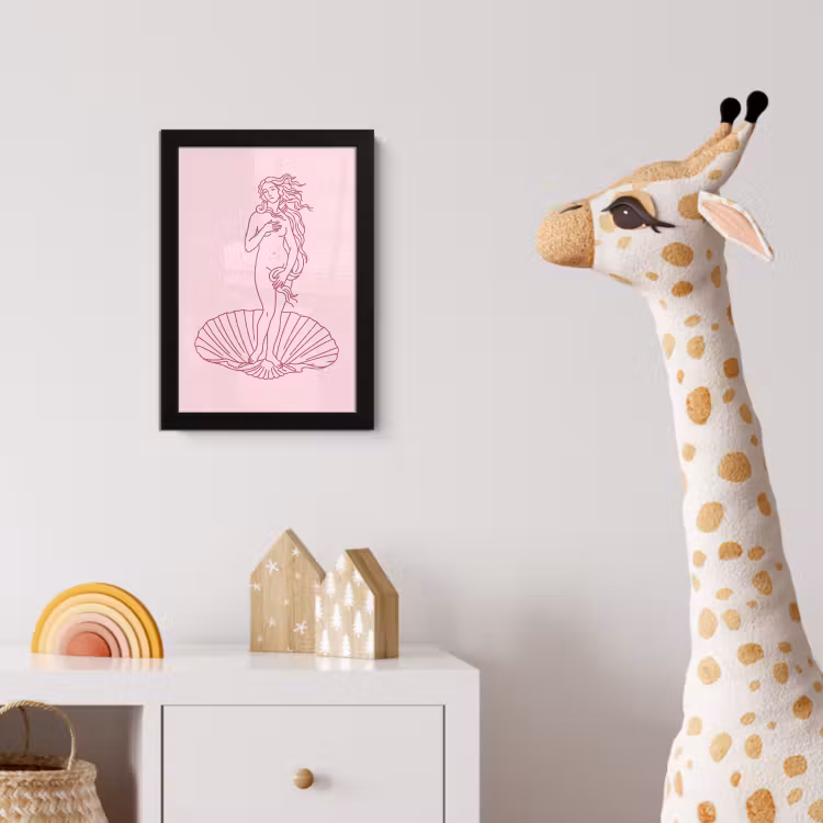 Vrouw - Schelp - Kunst - Lijntekening - Roze fotolijst zwart zonder passe partout klein -usfeer4_kinderkamer