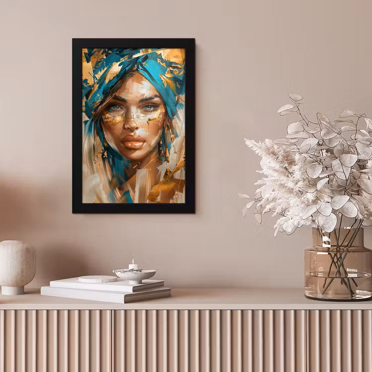 Vrouw - Portret - Goud - Luxe - Blauw fotolijst zwart zonder passe partout klein -sfeer5