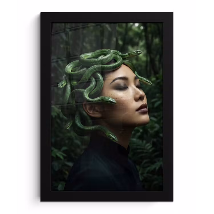 Vrouw - Slang - Natuur - Mystiek - Groen fotolijst zwart zonder passe partout klein -3d