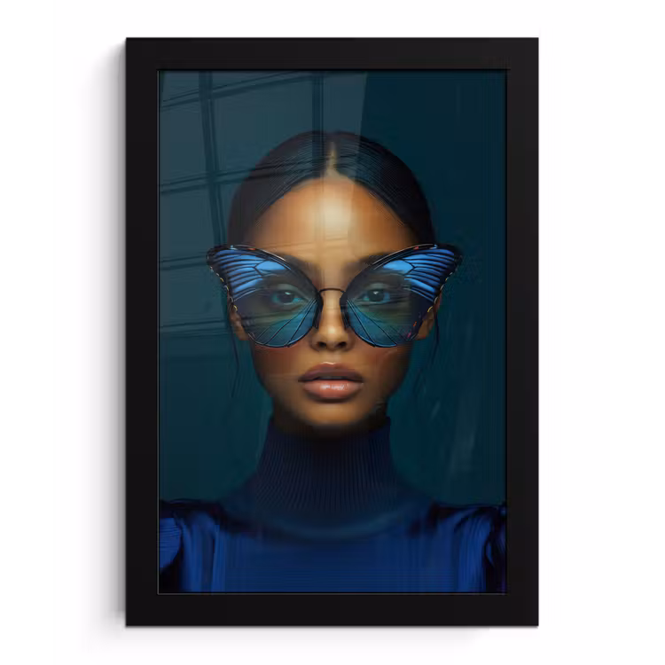 Vrouw - Vlinder - Bril - Blauw - Modern - Portret fotolijst zwart zonder passe partout klein -3d