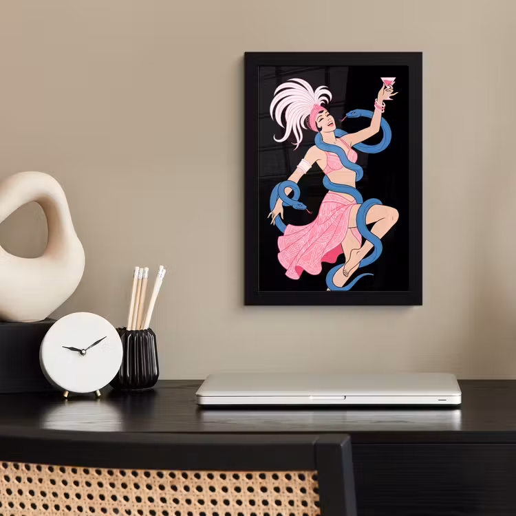 Vrouw - Danseres - Slangen - Art Deco - Roze fotolijst zwart zonder passe partout klein -sfeer1