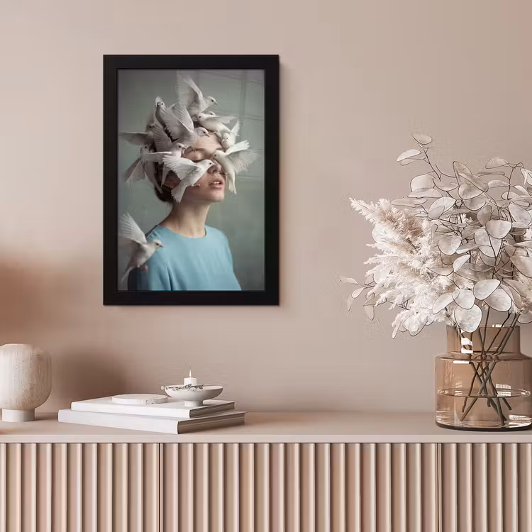 Vrouw - Vogels - Abstract - Modern - Wit fotolijst zwart zonder passe partout klein -sfeer5