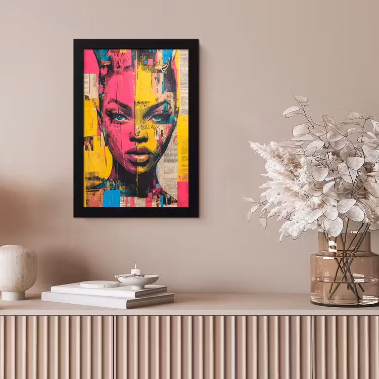Vrouwengezicht - Krantenpapier - Abstract - Roze fotolijst zwart zonder passe partout klein -sfeer5