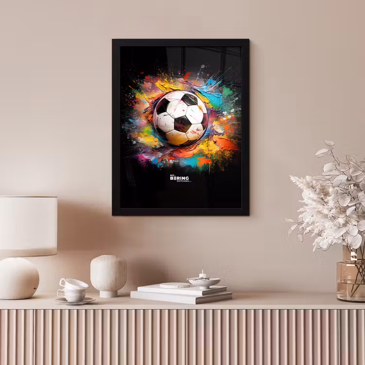 Voetbal omringd door verfklodders fotolijst zwart zonder passe partout klein -sfeer5