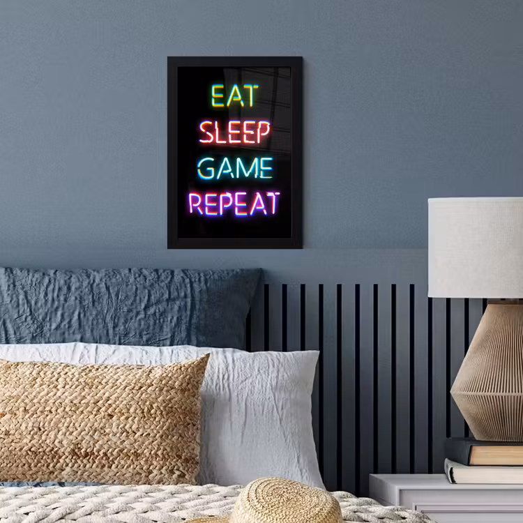 Gaming - Led - Quote - Eat sleep game repeat - Gamen fotolijst zwart zonder passe partout klein -sfeer3