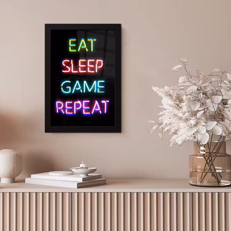 Gaming - Led - Quote - Eat sleep game repeat - Gamen fotolijst zwart zonder passe partout klein -sfeer5