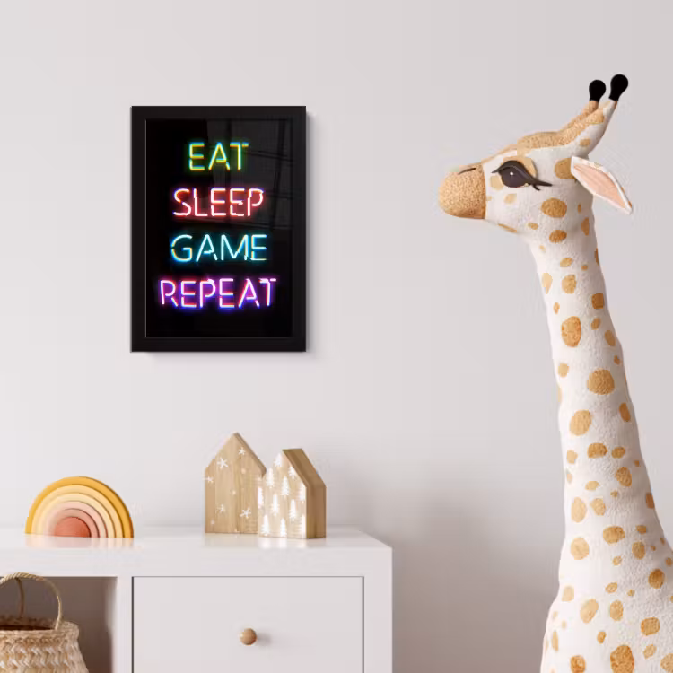 Gaming - Led - Quote - Eat sleep game repeat - Gamen fotolijst zwart zonder passe partout klein -usfeer4_kinderkamer