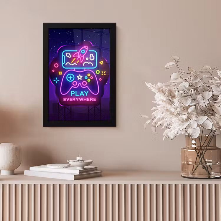 Gaming - Neon - Play - Blauw - Nacht - Controller fotolijst zwart zonder passe partout klein -sfeer5