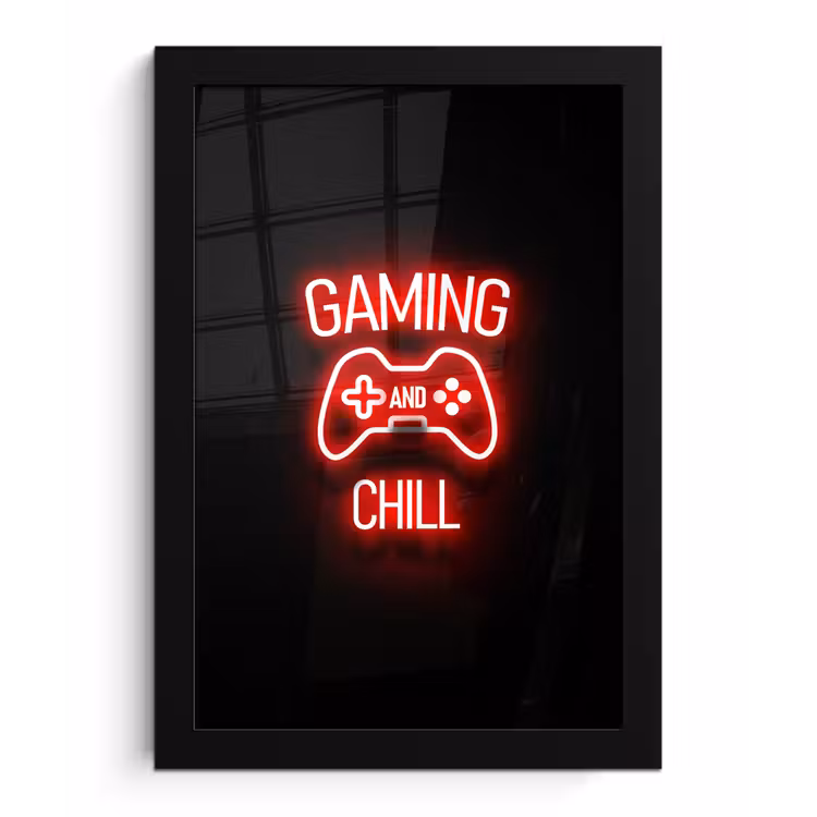 Gaming - Quotes - Gaming and chill - Neon - Rood fotolijst zwart zonder passe partout klein -3d