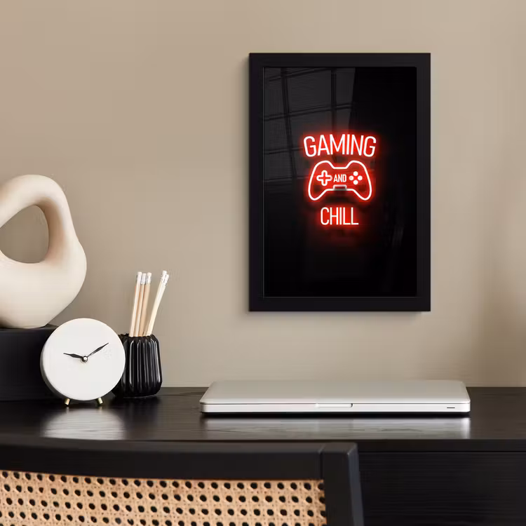 Gaming - Quotes - Gaming and chill - Neon - Rood fotolijst zwart zonder passe partout klein -sfeer1