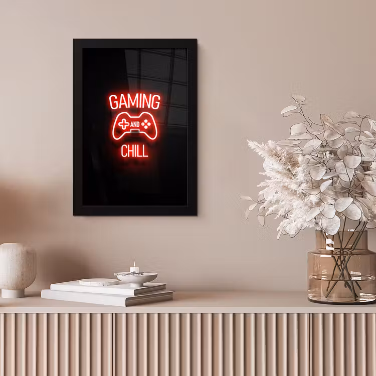 Gaming - Quotes - Gaming and chill - Neon - Rood fotolijst zwart zonder passe partout klein -sfeer5