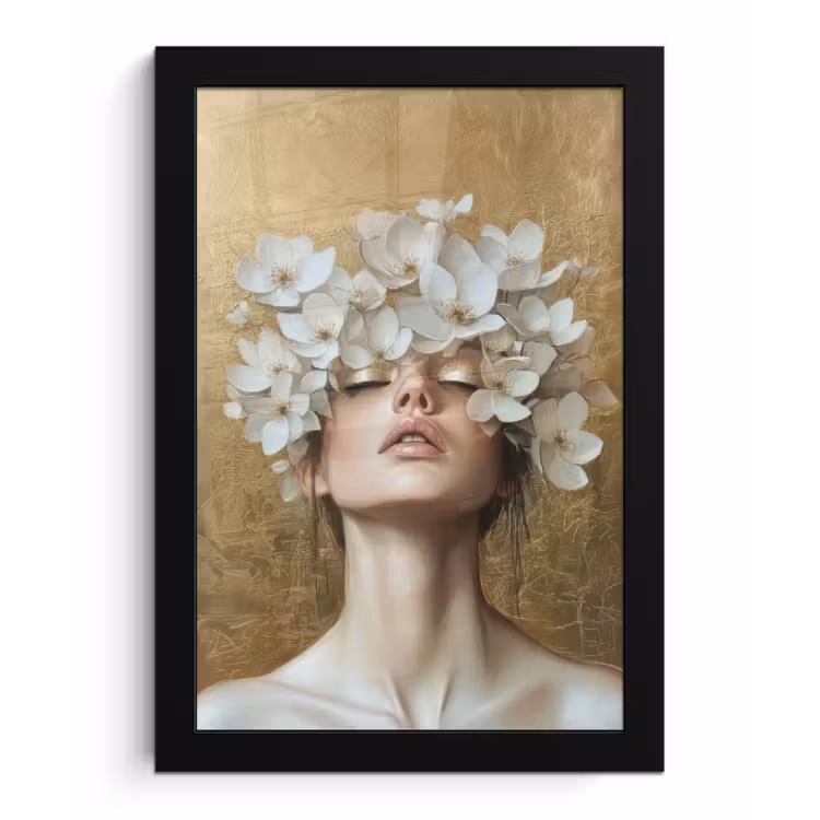 Gezicht - Bloemen - Goud - Abstract fotolijst zwart zonder passe partout klein -3d