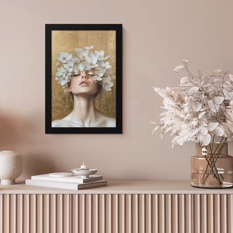 Gezicht - Bloemen - Goud - Abstract fotolijst zwart zonder passe partout klein -sfeer5