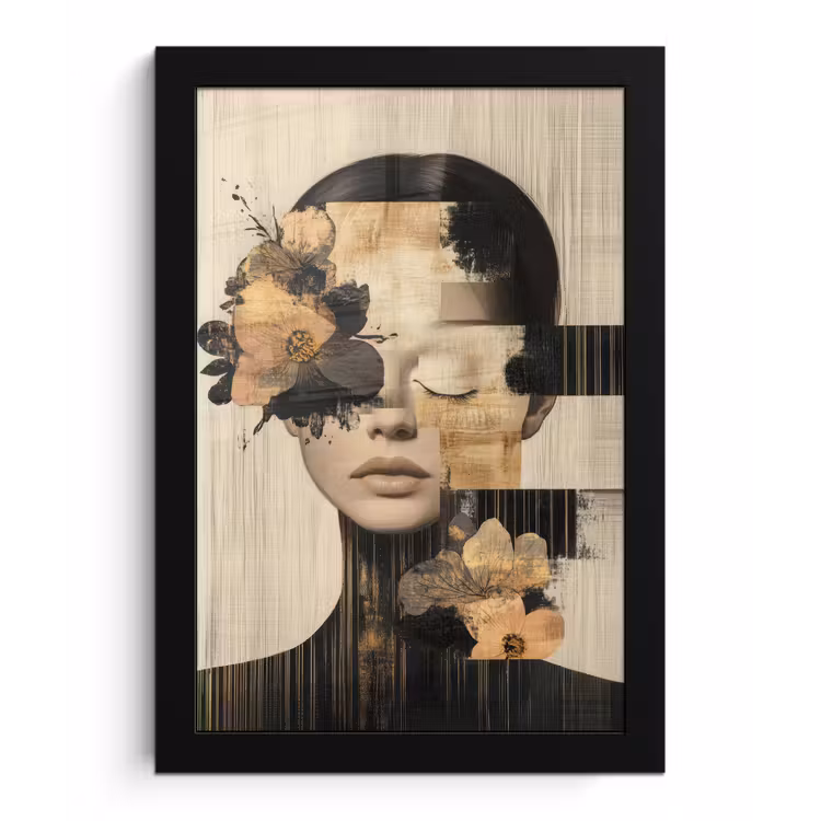 Gezicht - Bloemen - Zwart - Vrouw fotolijst zwart zonder passe partout klein -3d