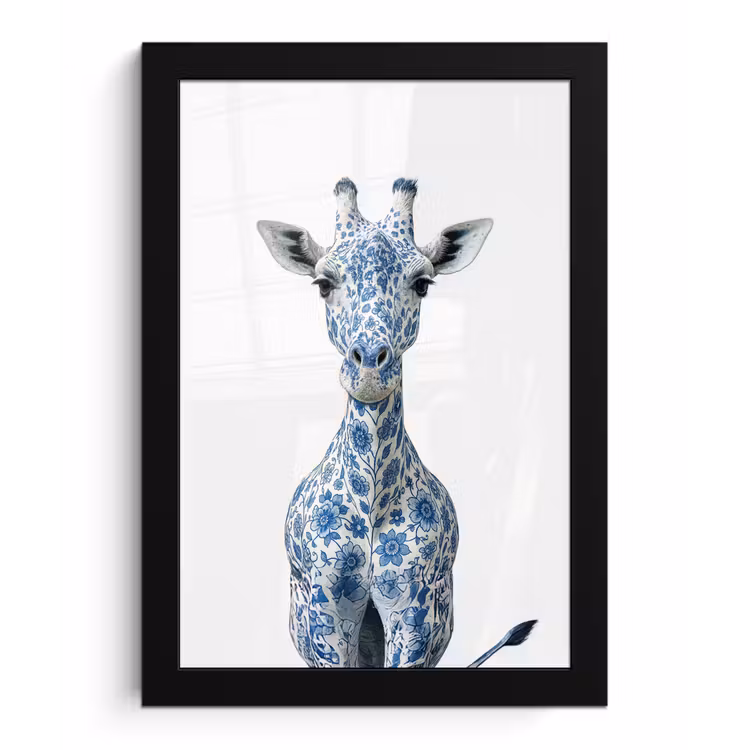 Giraffe - Delfts blauw - Dieren - Minimalistisch fotolijst zwart zonder passe partout klein -3d