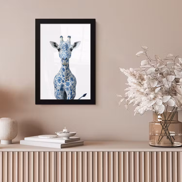 Giraffe - Delfts blauw - Dieren - Minimalistisch fotolijst zwart zonder passe partout klein -sfeer5