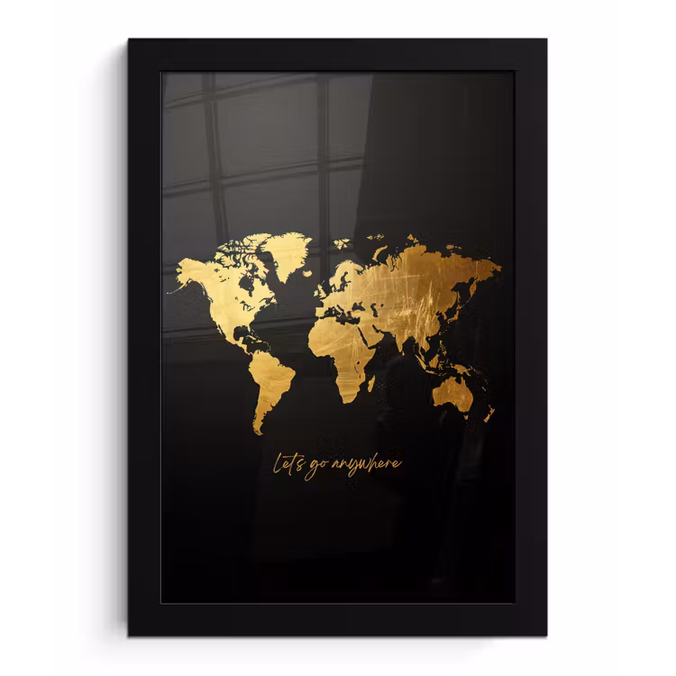 Goud - Glanzend - Wereldkaart - Luxe fotolijst zwart zonder passe partout klein -3d