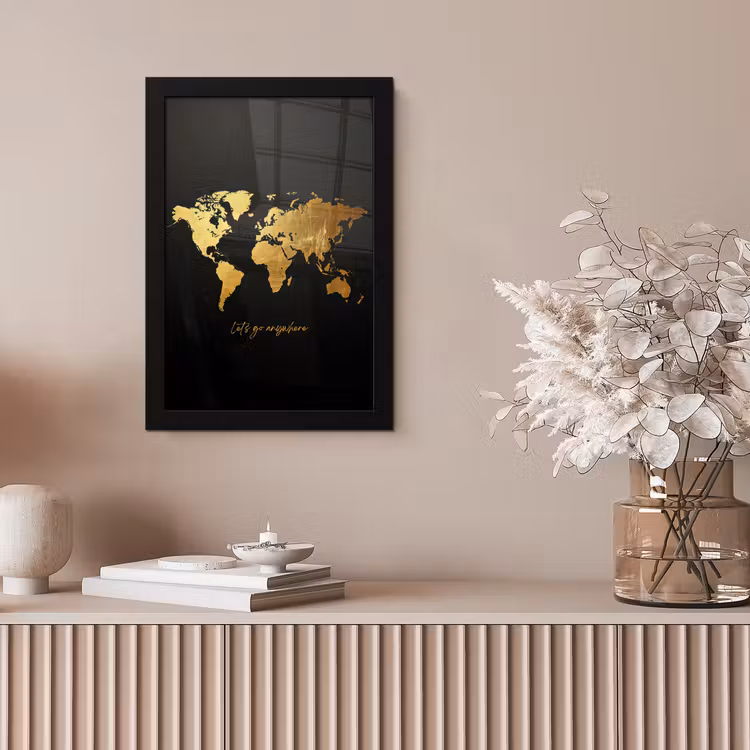 Goud - Glanzend - Wereldkaart - Luxe fotolijst zwart zonder passe partout klein -sfeer5