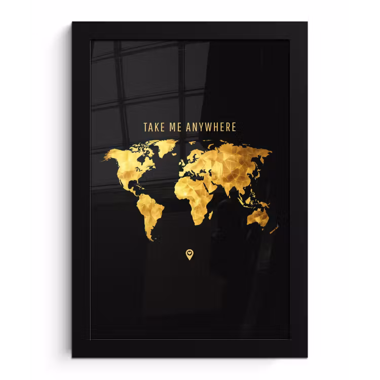 Goud - Wereldkaart - Quote fotolijst zwart zonder passe partout klein -3d