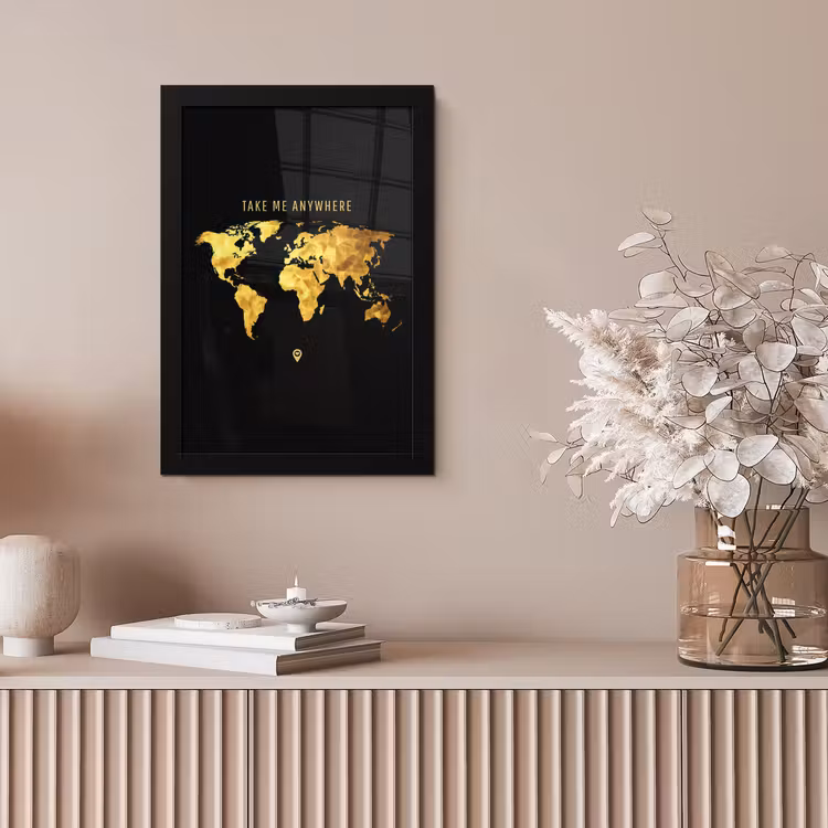 Goud - Wereldkaart - Quote fotolijst zwart zonder passe partout klein -sfeer5