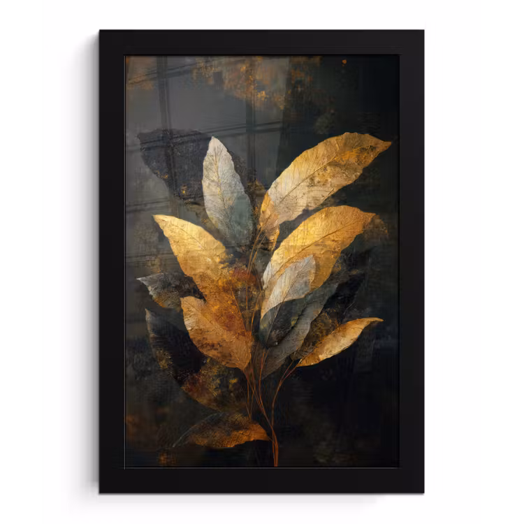 Gouden Bladcompositie – Botanische Luxe fotolijst zwart zonder passe partout klein -3d