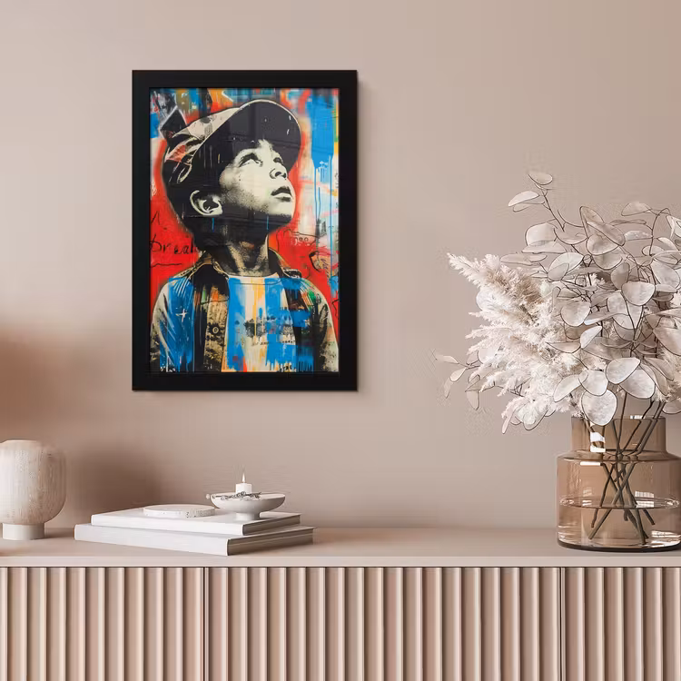 Graffiti - Vintage - Jongen - Street art - Neon - Banksy fotolijst zwart zonder passe partout klein -sfeer5