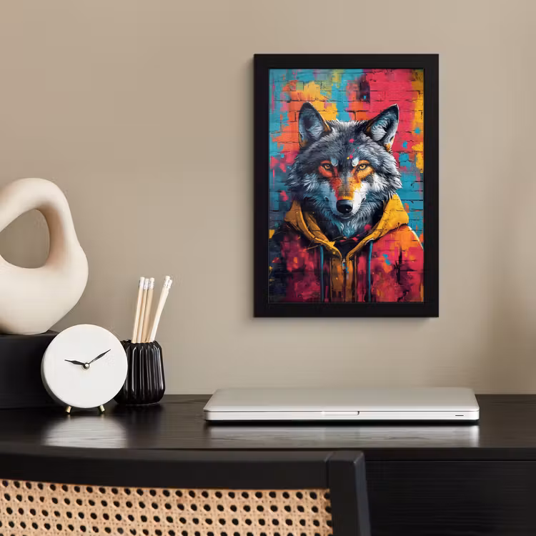 Graffiti - Wolf - Street art - Blauw fotolijst zwart zonder passe partout klein -sfeer1