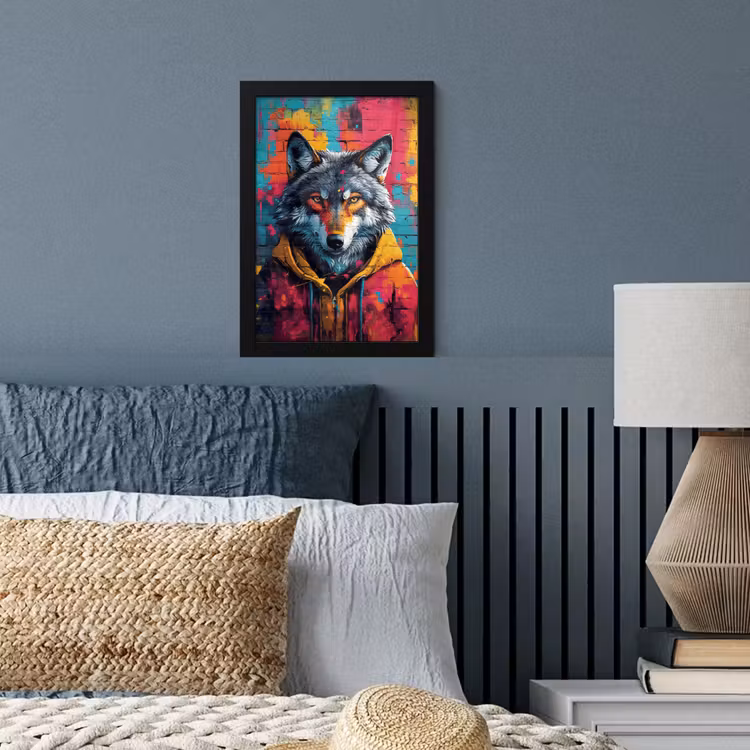 Graffiti - Wolf - Street art - Blauw fotolijst zwart zonder passe partout klein -sfeer3