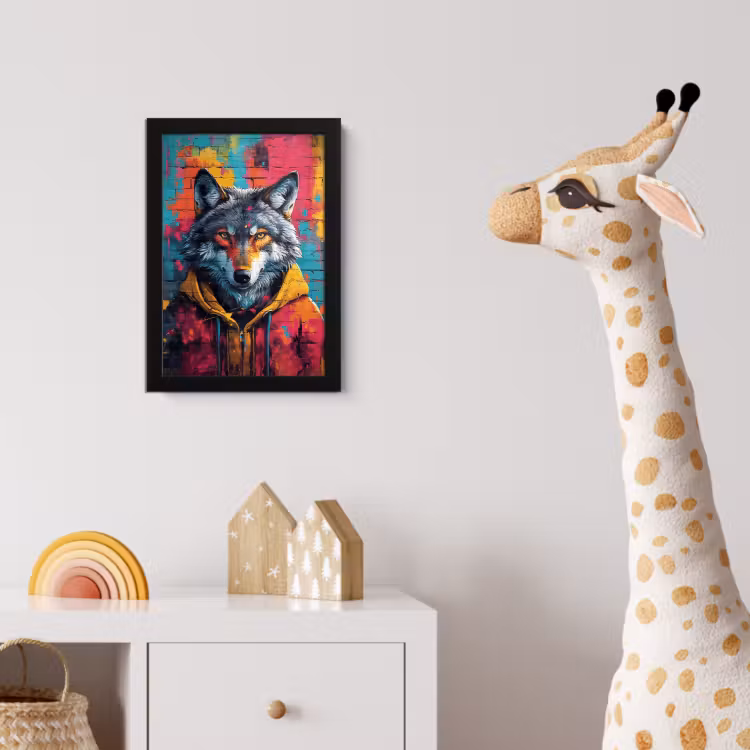 Graffiti - Wolf - Street art - Blauw fotolijst zwart zonder passe partout klein -usfeer4_kinderkamer