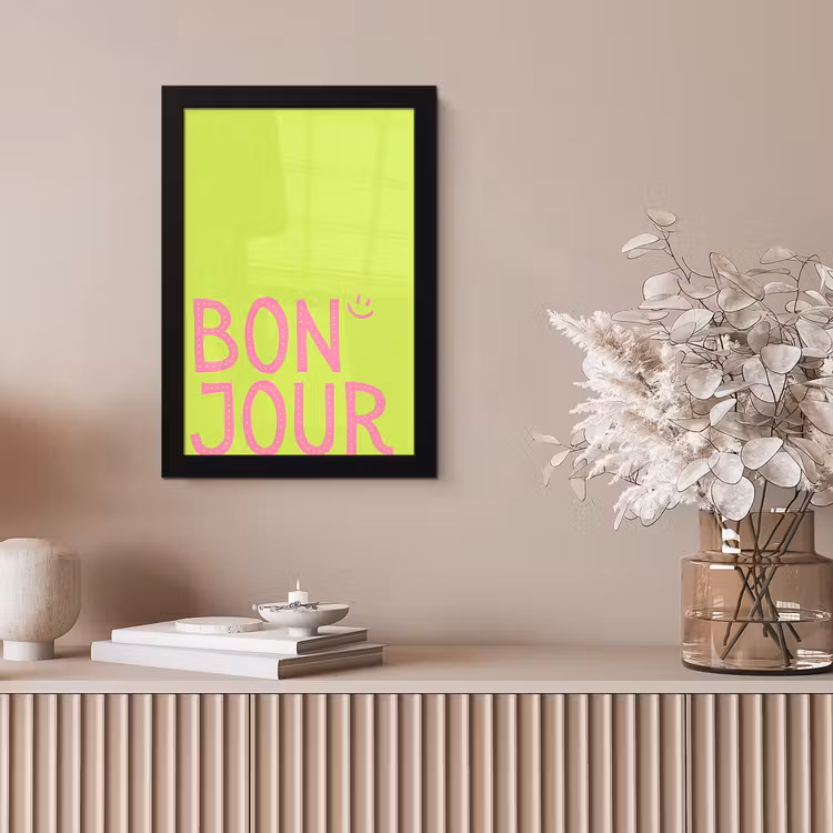 Groen - Smiley - Bonjour - Roze fotolijst zwart zonder passe partout klein -sfeer5