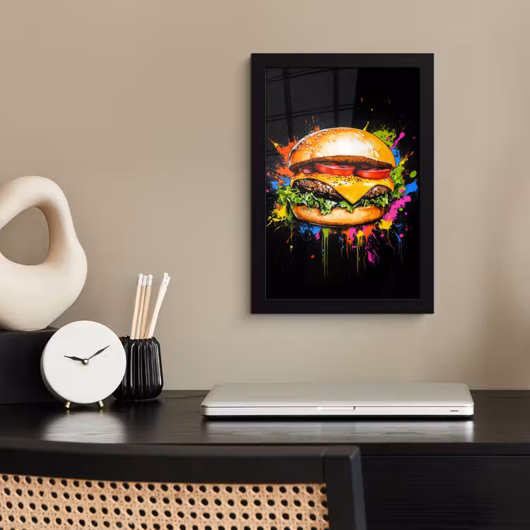 Hamburger - Graffiti - Verf - Kleurrijk - Eten - Abstract fotolijst zwart zonder passe partout klein -sfeer1