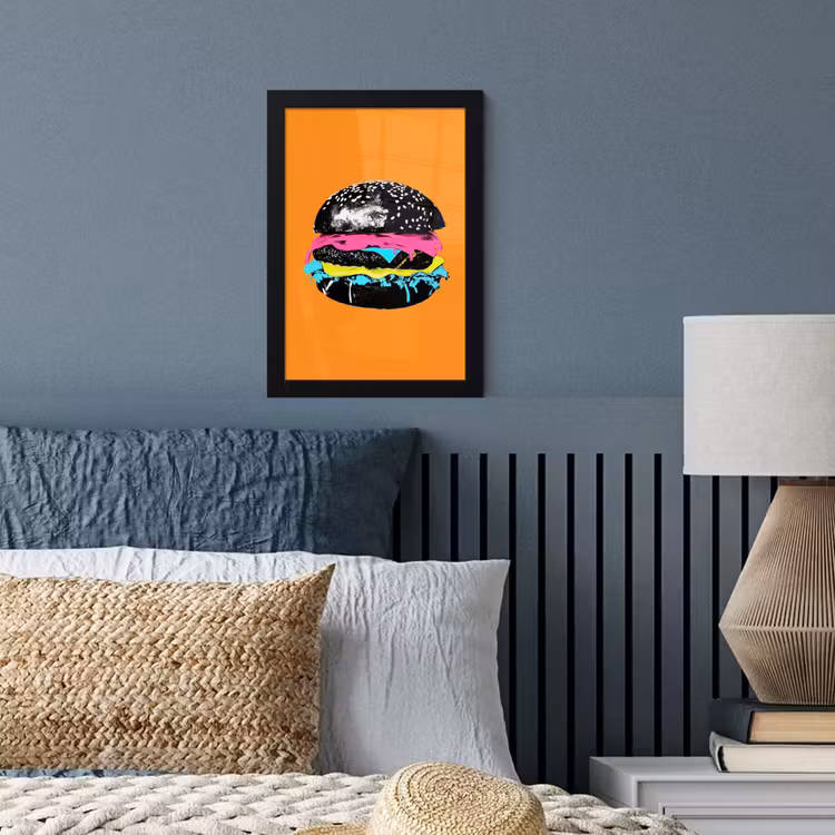 Hamburger - Oranje - Neon - popart fotolijst zwart zonder passe partout klein -sfeer3